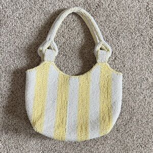 Striped Yellow and White Beaded Tote Bag